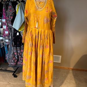 Yellow silk long dress with beautiful print